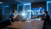 Businessman holding glowing digital globe with holographic data visualization and charts in modern office meeting room with colleagues discussing global business strategy and analytics.