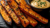 Grilled sweet potato wedges with charred edges and fresh herbs, served with creamy dipping sauce on dark stone background, close up view of roasted vegetables.