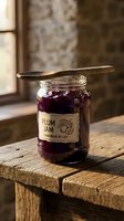 Homemade plum jam jar with wooden spoon on rustic table in farmhouse kitchen setting for artisan food packaging and culinary branding projects.