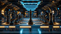 Black chess pieces arranged on illuminated futuristic board with glowing blue lights and metallic reflective surface in sci-fi corridor setting.