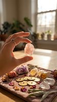 Woman hand holding rose quartz crystal in sunlit room with healing stones collection on wooden table for meditation and spiritual wellness practices.