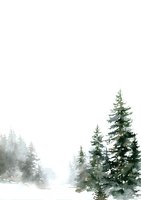 Minimalist watercolor winter landscape with evergreen pine trees in misty forest, isolated on white background for seasonal designs.