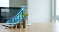 Financial growth concept with stacked coins, green plant sprout and rising arrow chart on modern office desk for investment and business success planning.