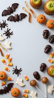 Halloween chocolate treats and candy collection with caramel apples, skulls, bats, spiders, pumpkins and candy corn arranged on white background for party planning.