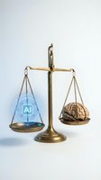 Brass scales balancing human brain and glowing AI chip symbol representing artificial intelligence versus human cognition comparison for technology concepts.