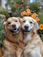 Two golden Labrador Retrievers sitting together in a blooming garden with orange and purple flowers. Friendly dogs smiling at camera, perfect for pet, family, and lifestyle content.