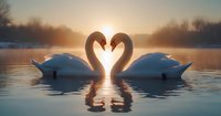 Two white swans forming heart shape with necks during sunrise on misty lake. Romantic reflection in calm water creates symmetrical silhouette against golden morning light.