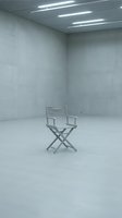 Empty director chair in minimalist concrete room with fluorescent ceiling lights, representing isolation, waiting, absence, or vacant leadership position in modern office or studio setting.
