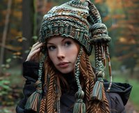 Young Caucasian woman with freckles wearing knitted winter hat with tassels and braided design, black sweater outdoors in autumn forest setting with blurred background.