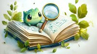 Curious green frog character with magnifying glass studying open book surrounded by floating green leaves, fantasy children illustration style.