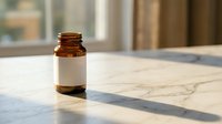Amber glass medicine bottle with blank white label on marble counter in bright modern kitchen interior for pharmaceutical and healthcare branding mockup.