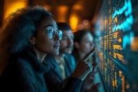 Young African American businesswoman analyzing digital data visualization with colleagues in dark office environment with blue technological interface glow.