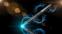 Digital pen with glowing blue holographic circles and light effects on dark background for technology and innovation concepts.