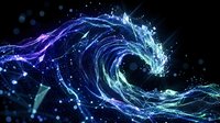 Swirling digital wave with glowing blue and cyan particles flowing in dynamic motion against dark background, suitable for technology, data visualization, and digital design projects.