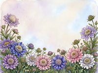 Watercolor floral border with purple, pink, and blue wildflowers on soft pastel background, copy space for text or greeting card design.