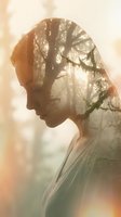 Woman's profile silhouette filled with misty forest landscape and sunlight, representing nature connection, mindfulness, and environmental awareness for wellness and lifestyle designs.