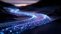 Glowing curved path with sparkling blue particles against dark background creates magical atmosphere. Luminous trail effect for fantasy and technology designs.