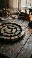 Rustic wooden blocks arranged in circular pattern on weathered floor with vintage lantern creating warm atmospheric lighting for interior design projects.