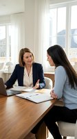 Professional businesswomen discussing project at modern office desk with laptop and documents in bright workspace for corporate meetings and collaboration.