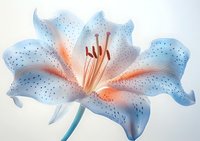 Delicate lily flower in soft blue and coral tones with spotted petals and prominent stamens against light background, showcasing gentle botanical artistry.