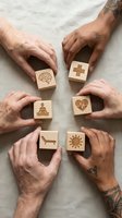 Diverse group of people holding wooden blocks with health and wellness icons including brain, medical cross, meditation, heartbeat, and sun symbols on neutral background.