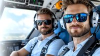 Two male pilots with beards wearing sunglasses and headsets smile in cockpit of small aircraft during flight. Professional aviation crew in uniform at controls.