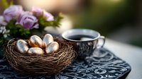 Elegant Easter composition with golden and silver decorated eggs in natural nest beside ornate black coffee cup on textured tray against blurred floral background.