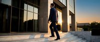 Professional businessman walking down modern office building steps during golden hour sunset, corporate success and leadership concept.