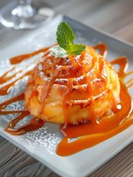 Fresh baked apple dessert with caramel sauce drizzle and mint garnish on white plate, dusted with powdered sugar, close up view for restaurant menu.