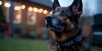 Alert German Shepherd dog with focused gaze against evening bokeh lights background, wearing blue collar. Close-up portrait captures loyal and protective nature.