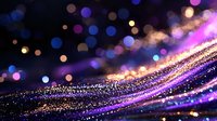 Magical glowing wave with sparkling particles and bokeh lights in purple and gold colors against dark background, creating dreamy abstract pattern.
