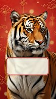Majestic tiger portrait on red background with traditional Asian ornaments and blank banner for Chinese New Year celebrations and festive designs.