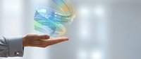 Digital transformation concept with glowing data streams and network connections floating above businessman hand in modern office environment.