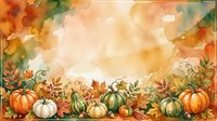 Autumn harvest border with watercolor pumpkins, gourds and fall leaves creating decorative frame for seasonal greeting cards, thanksgiving invitations and holiday designs.