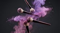 Professional makeup brushes with purple powder explosion on dark background for beauty and cosmetics advertising campaigns.
