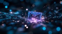 Glowing digital envelope with sparkles and light trails on dark background, surrounded by blue bokeh effects and magical illumination in cyberspace.