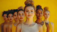 Diverse group of young women with natural makeup and hair buns standing in line against vibrant yellow background, focus on front model in tank top.