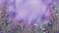 Watercolor lavender field frame with purple flowers and green leaves on violet background for wedding invitations and botanical designs.