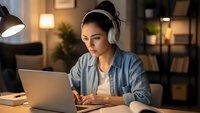 Young Asian woman wearing headphones working on laptop computer in modern home office during evening hours for remote work and online learning.
