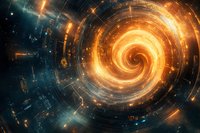 Glowing orange and blue spiral galaxy formation in deep space with bright energy streams and stellar particles creating dynamic cosmic motion effect.