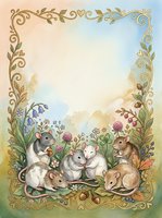 Watercolor mice gathering among wildflowers and acorns in an ornate golden floral frame with copy space for greeting cards.
