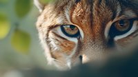 Close up view of wild cat eyes with intense gaze against blurred natural background, showing detailed fur texture and striking amber colored irises.