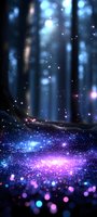 Magical forest scene with glowing blue and pink sparkles scattered across dark ground, misty atmosphere and ethereal bokeh lights creating dreamy woodland background.
