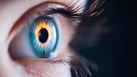 Extreme macro shot of human eye with vibrant blue iris and golden sunburst pattern, showing detailed eyelashes and intricate eye structure in dramatic lighting.