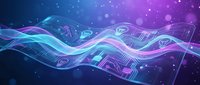 Abstract digital wave with glowing neon lines and particles on dark gradient background for technology and futuristic design projects.