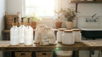 Eco-friendly zero waste kitchen essentials with reusable glass jars, cotton bags and refillable bottles on wooden counter in sustainable home interior.