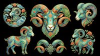 Ornate ram clipart set with Chinese folk art style, isolated on transparent background. Great for stickers, t-shirt design, print on demand, and sublimation projects.