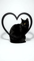 Black cat sitting inside decorative heart frame on white background for Valentine's Day greeting cards and romantic pet photography.