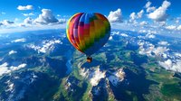 Colorful hot air balloon floating over majestic mountain landscape with snow-capped peaks, green valleys, and dramatic clouds in bright blue sky. Adventure travel concept.