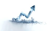 Upward trending arrow emerging from digital city skyline with particles and smoke effect on white background, representing business growth and urban development success.